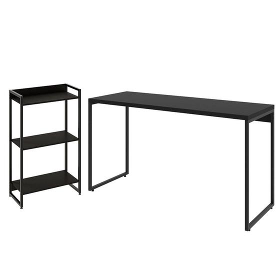 Imagem de Kit Escritório Estante Areta 3 Prateleiras com Mesa Industrial Aspen 135cm C01 Onix - Lyam Decor