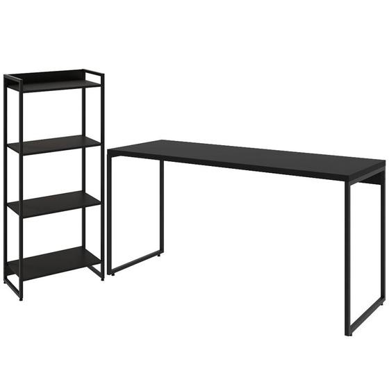 Imagem de Kit Escritório Estante Areta 4 Prateleiras com Mesa Industrial Aspen 150cm C01 Onix - Lyam Decor