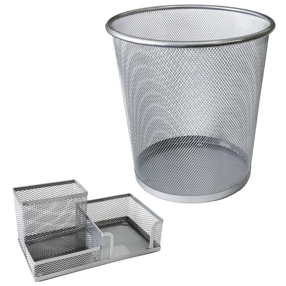 Imagem de Kit Escritório Lixeira 12l Porta Treco Lápis Lixo Organizado - Prata