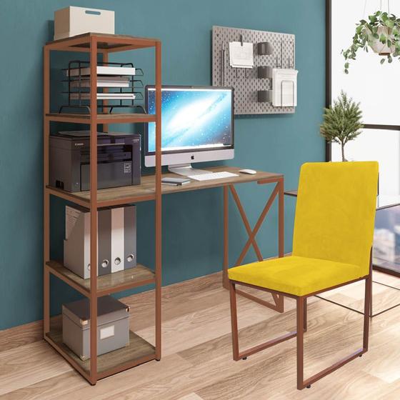 Kit Escritório Mesa Max BeX 5 Prateleiras e Cadeira Stan Bronze Tampo Caramelo Suede Amarelo - Ahz Móveis - AHAZZO MÓVEIS Imagem de Kit Escritório Mesa Max BeX 5 Prateleiras e Cadeira Stan Bronze Tampo Caramelo Suede Amarelo - Ahz Móveis