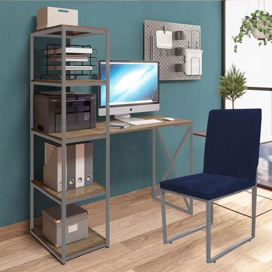 Imagem de Kit Escritório Mesa Max BeX 5 Prateleiras e Cadeira Stan Cinza Tampo Rústico Sintético Azul Marinho - Ahz Móveis