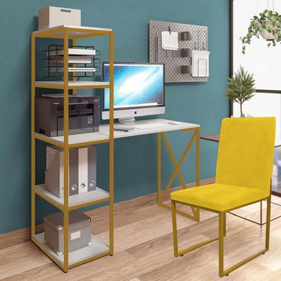 Imagem de Kit Escritório Mesa Max BeX 5 Prateleiras e Cadeira Stan Dourado Tampo Branco Sintético Amarelo - Ahz Móveis