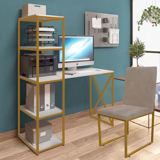 Imagem de Kit Escritório Mesa Max BeX 5 Prateleiras e Cadeira Stan Dourado Tampo Branco Sintético Bege - Ahz Móveis