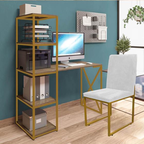 Imagem de Kit Escritório Mesa Max BeX 5 Prateleiras e Cadeira Stan Dourado Tampo Imbuia Sintético Branco - Ahz Móveis