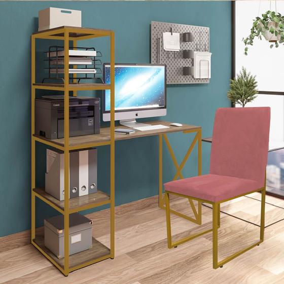 Imagem de Kit Escritório Mesa Max BeX 5 Prateleiras e Cadeira Stan Dourado Tampo Imbuia Suede Rose Gold - Ahazzo Móveis