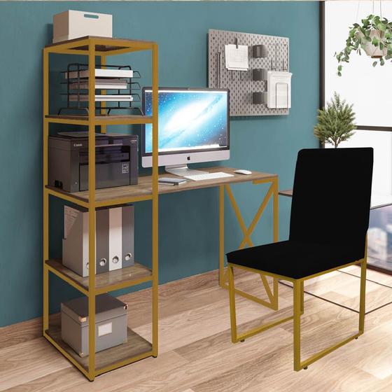 Imagem de Kit Escritório Mesa Max BeX 5 Prateleiras e Cadeira Stan Dourado Tampo Madeira Suede Preto - Ahz Móveis