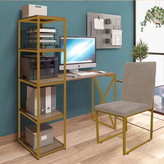 Imagem de Kit Escritório Mesa Max BeX 5 Prateleiras e Cadeira Stan Dourado Tampo Rústico Sintético Bege - Ahazzo Móveis