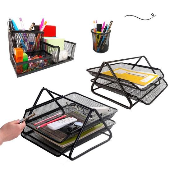 Imagem de Kit Escritório Organizador de Mesa Bandeja Dupla Porta Caneta Lápis Preto