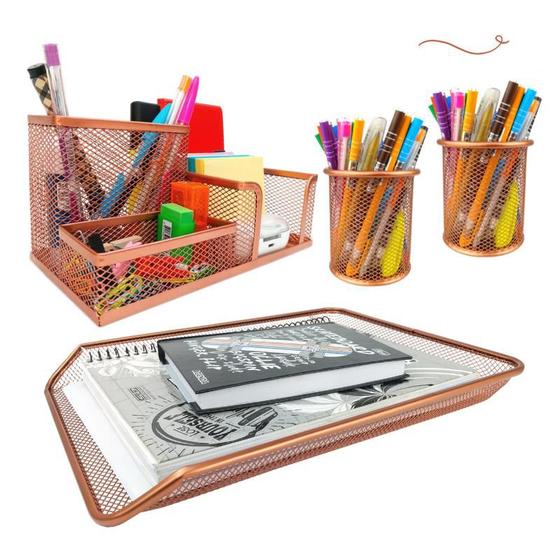 Kit Escritório Porta Caneta, Organizador de Mesa, Bandeja Organizadora Rose Gold Menor preço em Kit Escritório Porta Caneta, Organizador de Mesa, Bandeja Organizadora Rose Gold