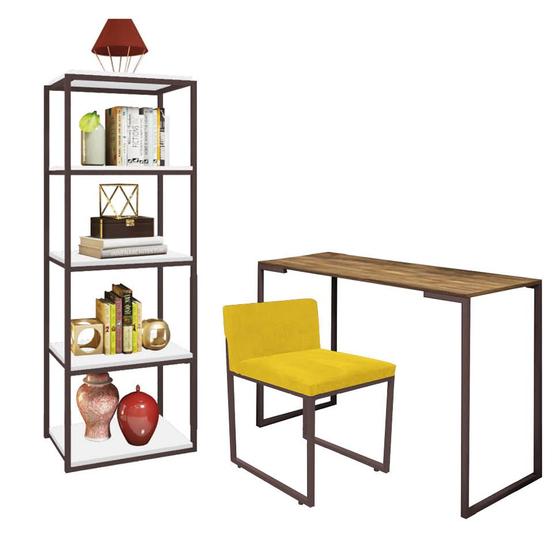 Imagem de Kit Escritório Ravi 1 Cadeira Suede Amarelo com 1 Mesa e 1 Livreiro Ferro Marrom MDF Castanho - Ahazzo Móveis