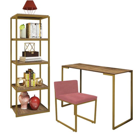 Imagem de Kit Escritório Ravi 1 Cadeira Suede Rose com 1 Mesa e 1 Livreiro Ferro Dourado MDF Imbuia - Ahazzo Móveis