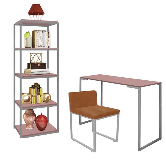 Imagem de Kit Escritório Ravi 1 Cadeira Suede Terracota com 1 Mesa e 1 Livreiro Ferro Cinza MDF Rose Rosa - Ahazzo Móveis