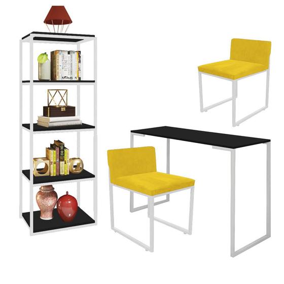 Imagem de Kit Escritório Ravi 2 Cadeiras Suede Amarelo com 1 Mesa e 1 Livreiro Ferro Branco MDF Preto - Ahazzo Móveis