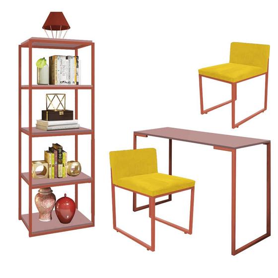 Imagem de Kit Escritório Ravi 2 Cadeiras Suede Amarelo com 1 Mesa e 1 Livreiro Ferro Bronze MDF Rose Rosa - Ahazzo Móveis