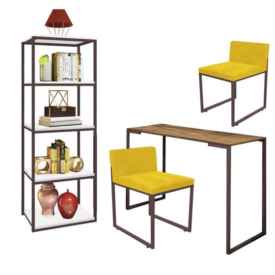 Imagem de Kit Escritório Ravi 2 Cadeiras Suede Amarelo com 1 Mesa e 1 Livreiro Ferro Marrom MDF Castanho - Ahazzo Móveis