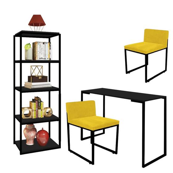 Imagem de Kit Escritório Ravi 2 Cadeiras Suede Amarelo com 1 Mesa e 1 Livreiro Ferro Preto MDF Preto - Ahazzo Móveis