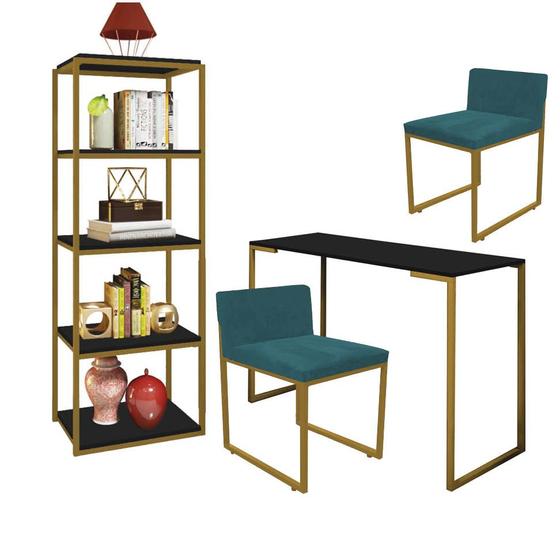 Imagem de Kit Escritório Ravi 2 Cadeiras Suede Azul Turquesa com 1 Mesa e 1 Livreiro Ferro Dourado MDF Preto - Ahazzo Móveis