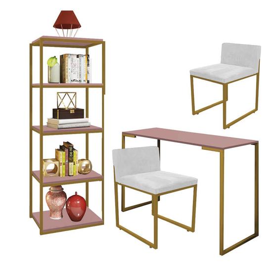 Imagem de Kit Escritório Ravi 2 Cadeiras Suede Branco com 1 Mesa e 1 Livreiro Ferro Dourado MDF Rose Rosa - Ahazzo Móveis