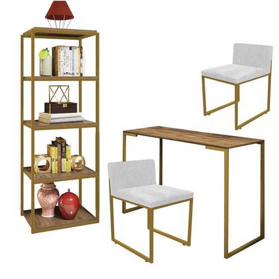 Imagem de Kit Escritório Ravi 2 Cadeiras Suede Branco com 1 Mesa e 1 Livreiro Ferro Dourado MDF Rústico - Ahazzo Móveis