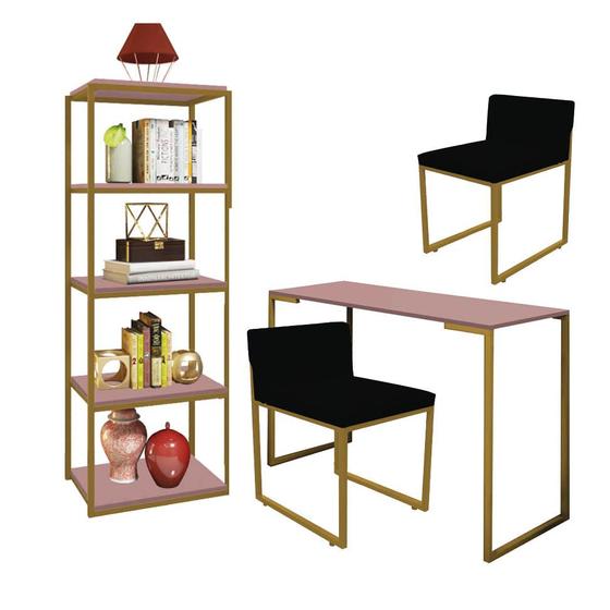 Imagem de Kit Escritório Ravi 2 Cadeiras Suede Preto com 1 Mesa e 1 Livreiro Ferro Dourado MDF Rose Rosa - Ahazzo Móveis