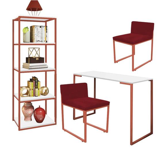 Imagem de Kit Escritório Ravi 2 Cadeiras Suede Vermelho com 1 Mesa e 1 Livreiro Ferro Bronze MDF Branco - Ahazzo Móveis