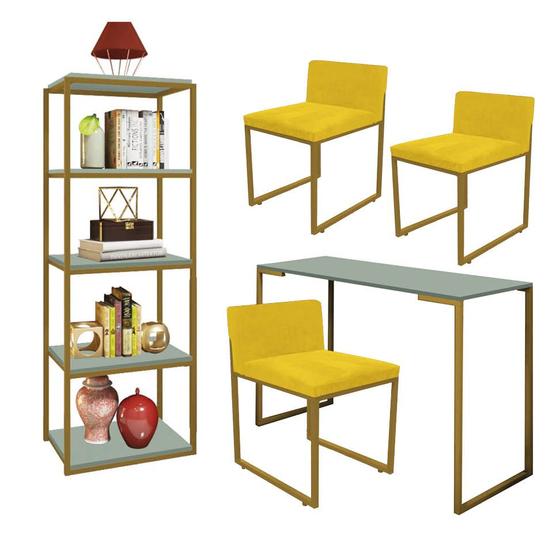 Imagem de Kit Escritório Ravi 3 Cadeiras Suede Amarelo com 1 Mesa e 1 Livreiro Ferro Dourado MDF Verde Oliva - Ahazzo Móveis