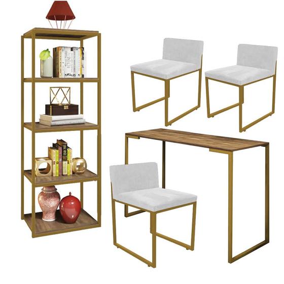 Imagem de Kit Escritório Ravi 3 Cadeiras Suede Branco com 1 Mesa e 1 Livreiro Ferro Dourado MDF Caramelo - Ahazzo Móveis