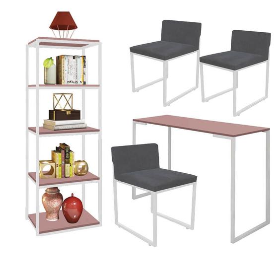 Imagem de Kit Escritório Ravi 3 Cadeiras Suede Cinza com 1 Mesa e 1 Livreiro Ferro Branco MDF Rose Rosa - Ahazzo Móveis