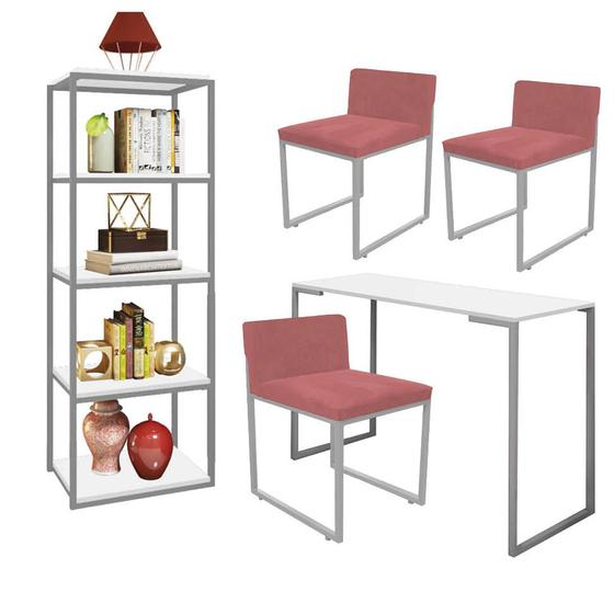 Imagem de Kit Escritório Ravi 3 Cadeiras Suede Rose com 1 Mesa e 1 Livreiro Ferro Cinza MDF Branco - Ahazzo Móveis