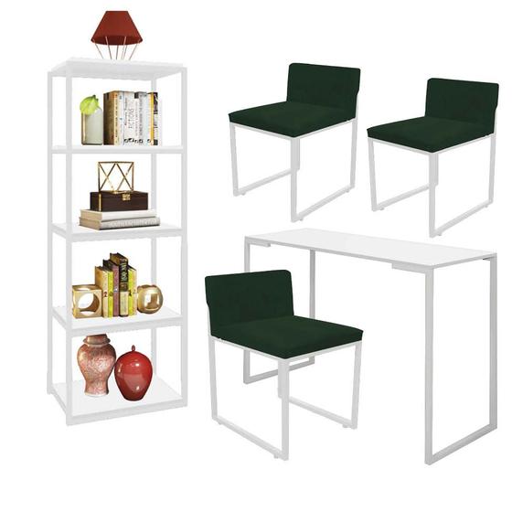 Imagem de Kit Escritório Ravi 3 Cadeiras Suede Verde com 1 Mesa e 1 Livreiro Ferro Branco MDF Branco - Ahazzo Móveis