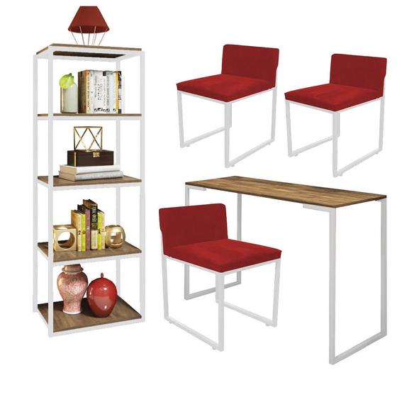 Imagem de Kit Escritório Ravi 3 Cadeiras Suede Vermelho com 1 Mesa e 1 Livreiro Ferro Branco MDF Imbuia - Ahazzo Móveis