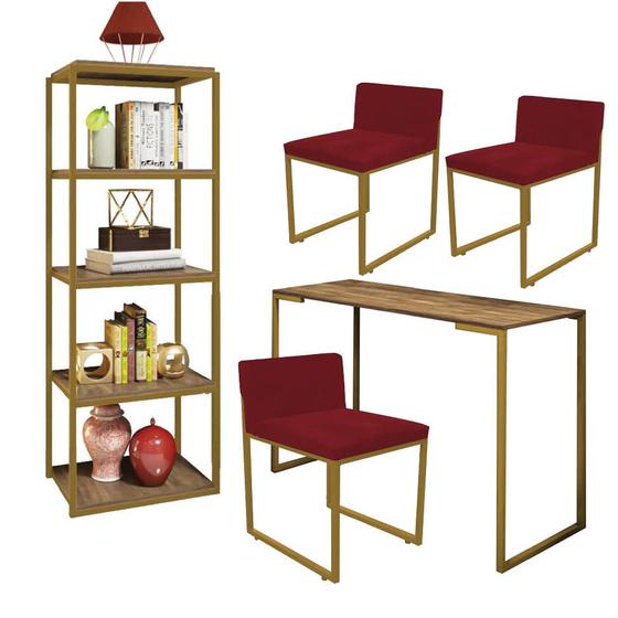 Imagem de Kit Escritório Ravi 3 Cadeiras Suede Vermelho com 1 Mesa e 1 Livreiro Ferro Dourado MDF Caramelo - Ahazzo Móveis