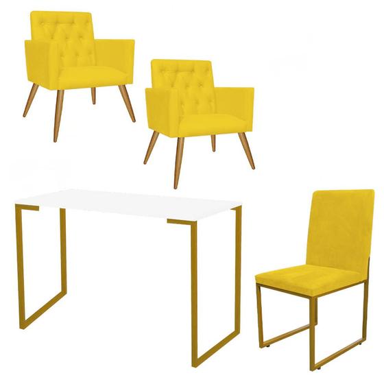 Imagem de Kit Escritório Stan 2 Poltronas Capitonê com Cadeira e Mesa Industrial Branco Dourado material sintético Amarelo - Ahz Móveis