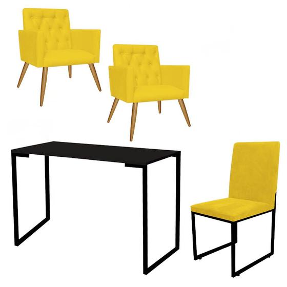 Imagem de Kit Escritório Stan 2 Poltronas Capitonê com Cadeira e Mesa Industrial Tampo Preto Suede Amarelo - Ahz Móveis