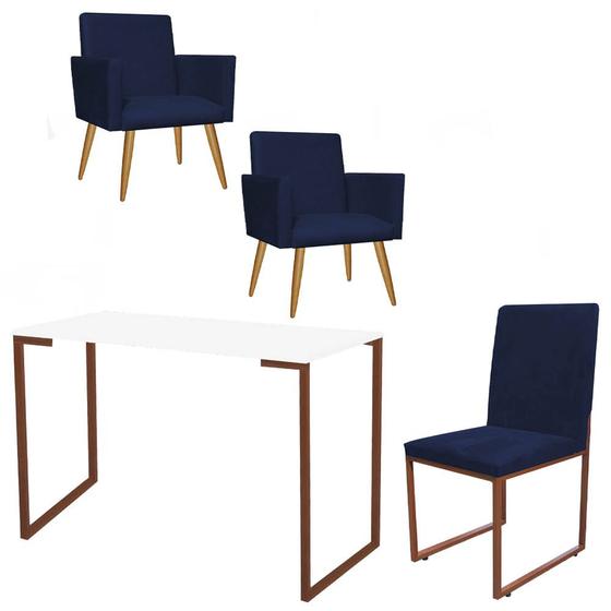 Imagem de Kit Escritório Stan 2 Poltronas com Cadeira e Mesa Industrial Tampo Branco Bronze Suede Azul Marinho - Ahz Móveis