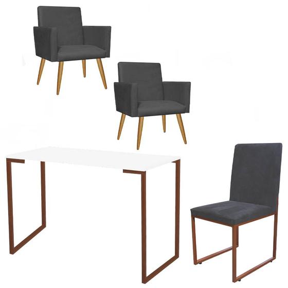 Imagem de Kit Escritório Stan 2 Poltronas com Cadeira e Mesa Industrial Tampo Branco Bronze Suede Cinza - Ahz Móveis