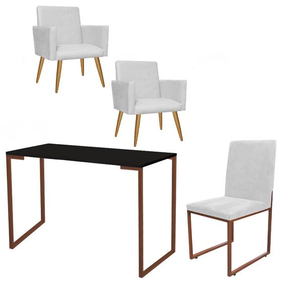 Imagem de Kit Escritório Stan 2 Poltronas com Cadeira e Mesa Industrial Tampo Preto Bronze material sintético Branco - Ahz Móveis