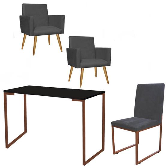 Imagem de Kit Escritório Stan 2 Poltronas com Cadeira e Mesa Industrial Tampo Preto Bronze Suede Cinza - Ahz Móveis