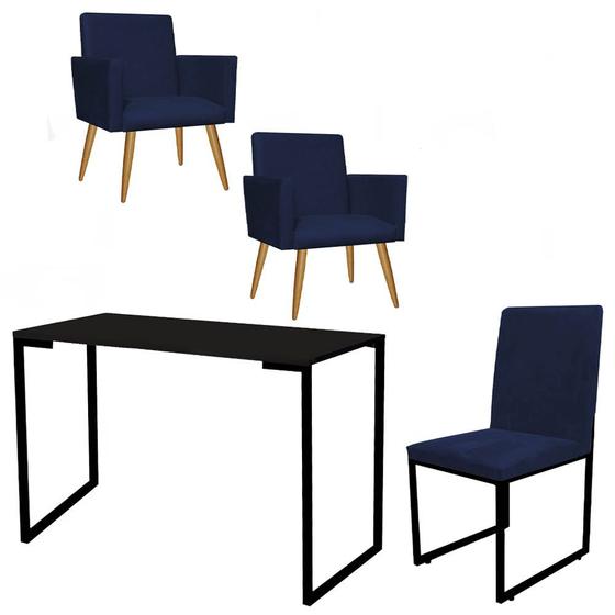 Imagem de Kit Escritório Stan 2 Poltronas com Cadeira e Mesa Industrial Tampo Preto Suede Azul Marinho - Ahz Móveis