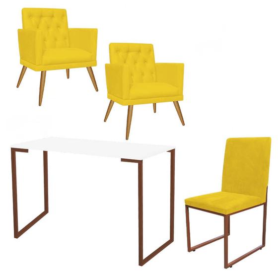 Imagem de Kit Escritório Stan 2 Poltronas Maria com Cadeira e Mesa Industrial Branco Bronze Tecido Sintético Amarelo - Ahz Móveis