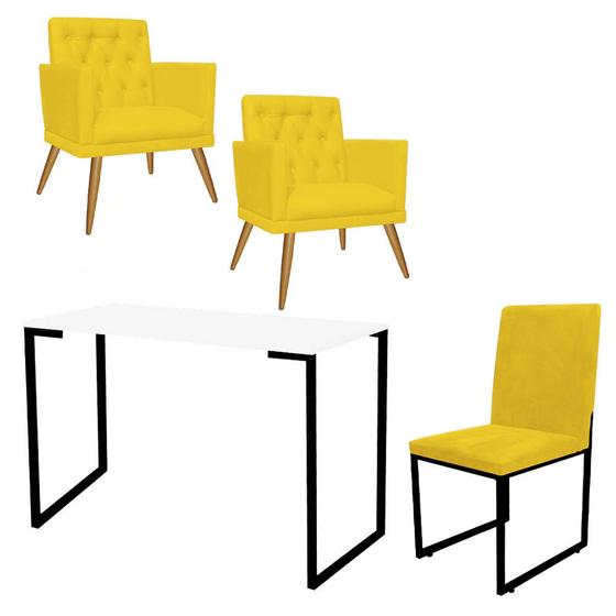 Imagem de Kit Escritório Stan 2 Poltronas Maria com Cadeira e Mesa Industrial Branco Preto Tecido Sintético Amarelo - Ahz Móveis