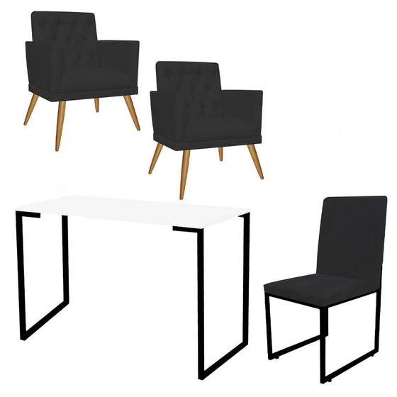 Imagem de Kit Escritório Stan 2 Poltronas Maria com Cadeira e Mesa Industrial Branco Preto Tecido Sintético Preto - Ahz Móveis