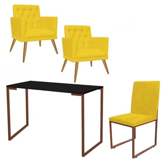 Imagem de Kit Escritório Stan 2 Poltronas Maria com Cadeira e Mesa Industrial Preto Bronze material sintético Amarelo - Ahz Móveis