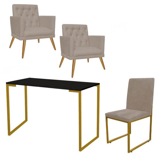 Imagem de Kit Escritório Stan 2 Poltronas Maria com Cadeira e Mesa Industrial Preto Dourado material sintético Bege - Ahz Móveis