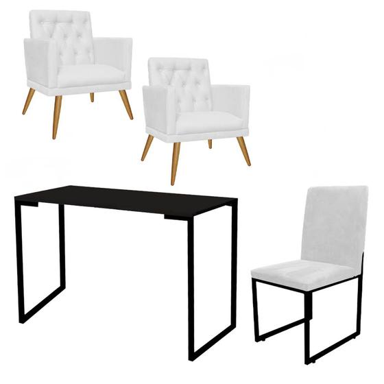Imagem de Kit Escritório Stan 2 Poltronas Maria com Cadeira e Mesa Industrial Tampo Preto material sintético Branco - Ahz Móveis
