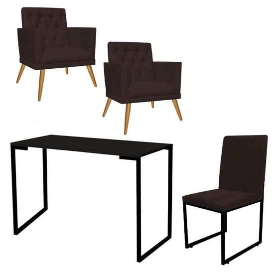 Imagem de Kit Escritório Stan 2 Poltronas Maria com Cadeira e Mesa Industrial Tampo Preto material sintético Marrom - Ahz Móveis