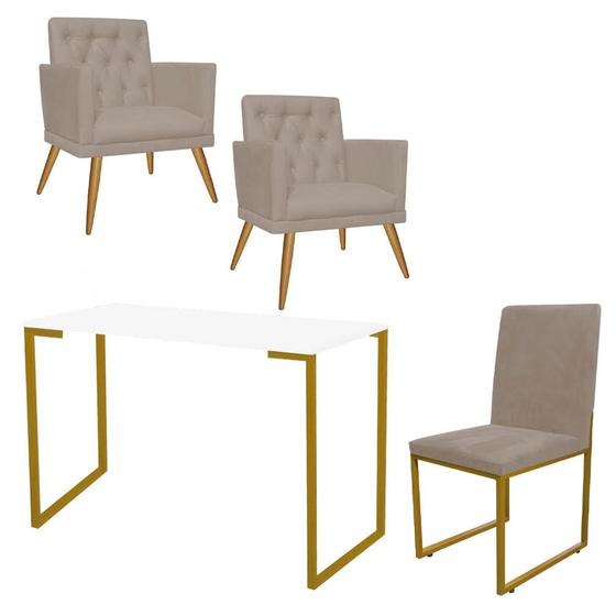 Imagem de Kit Escritório Stan 2 Poltronas Maria e Cadeira e Mesa Industrial Branco Dourado Suede Bege - Ahazzo Móveis