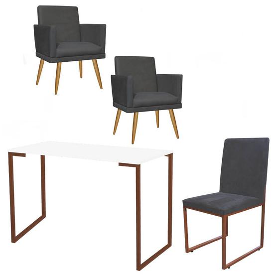 Imagem de Kit Escritório Stan 2 Poltronas Rodapé com Cadeira e Mesa Industrial Branco Bronze material sintético Cinza - Ahz Móveis