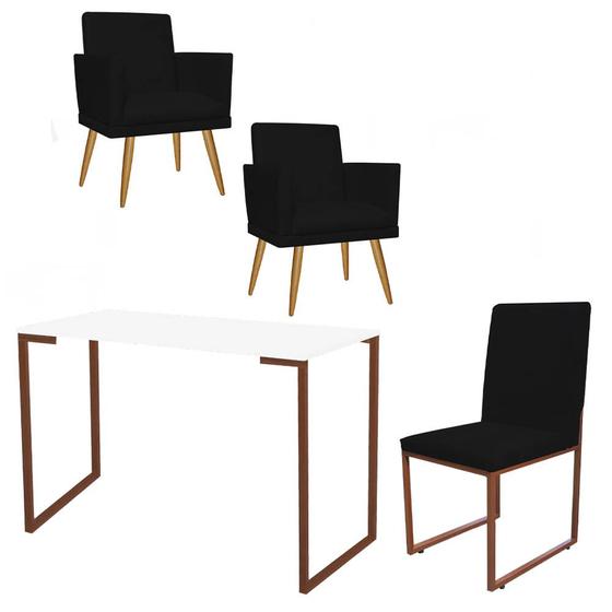 Imagem de Kit Escritório Stan 2 Poltronas Rodapé com Cadeira e Mesa Industrial Branco Bronze Tecido Sintético Preto - Ahz Móveis