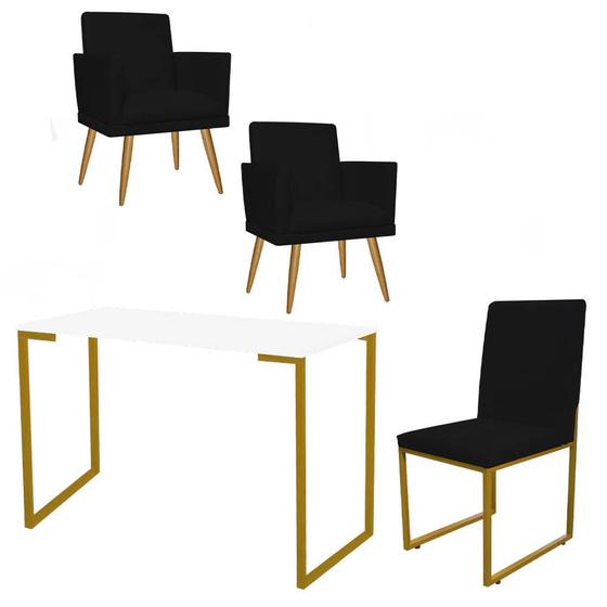 Imagem de Kit Escritório Stan 2 Poltronas Rodapé com Cadeira e Mesa Industrial Branco Dourado material sintético Preto - Ahz Móveis